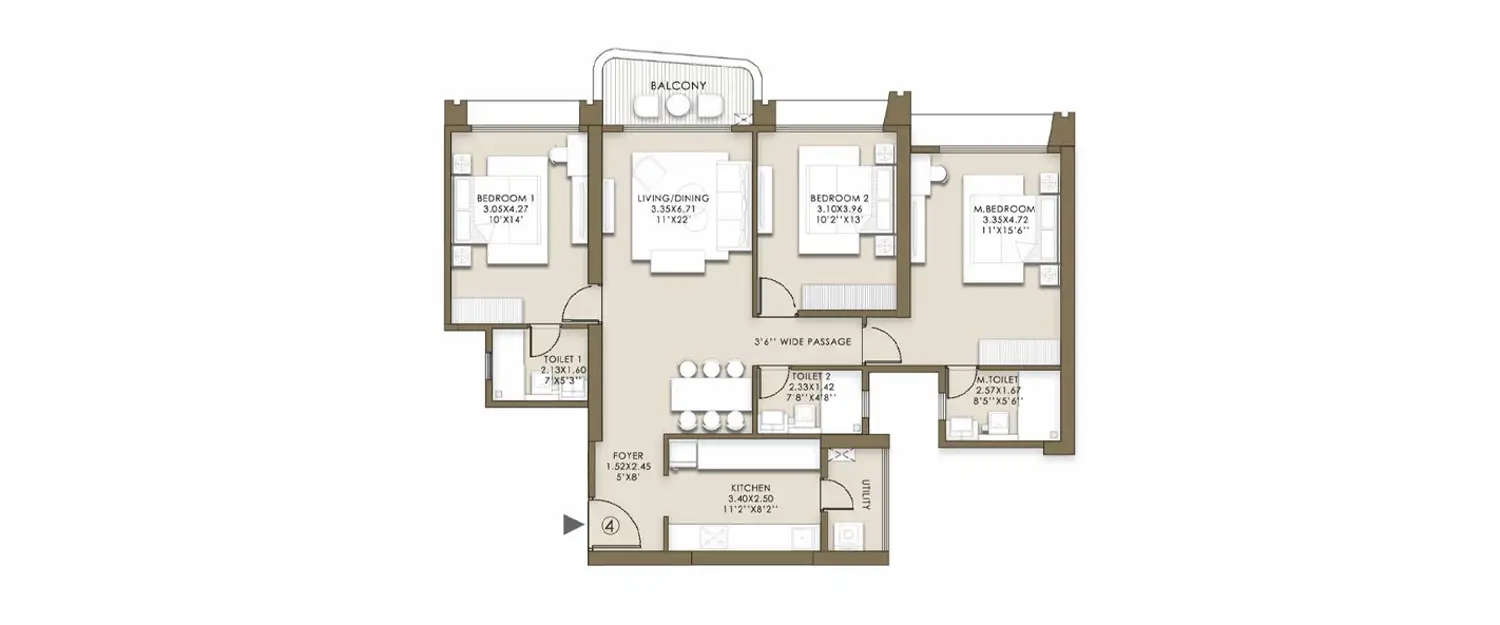 Floor plan for 3 BHK