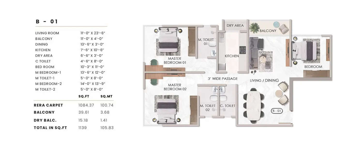 Floor plan for 3 BHK