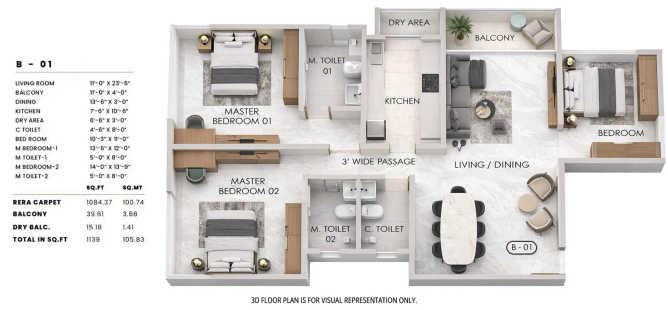Sheth Promont Sion - Floor plan 3 BHK 1139 Sq.ft