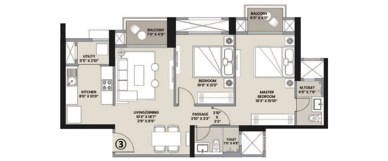 Floor plan for 2 BHK