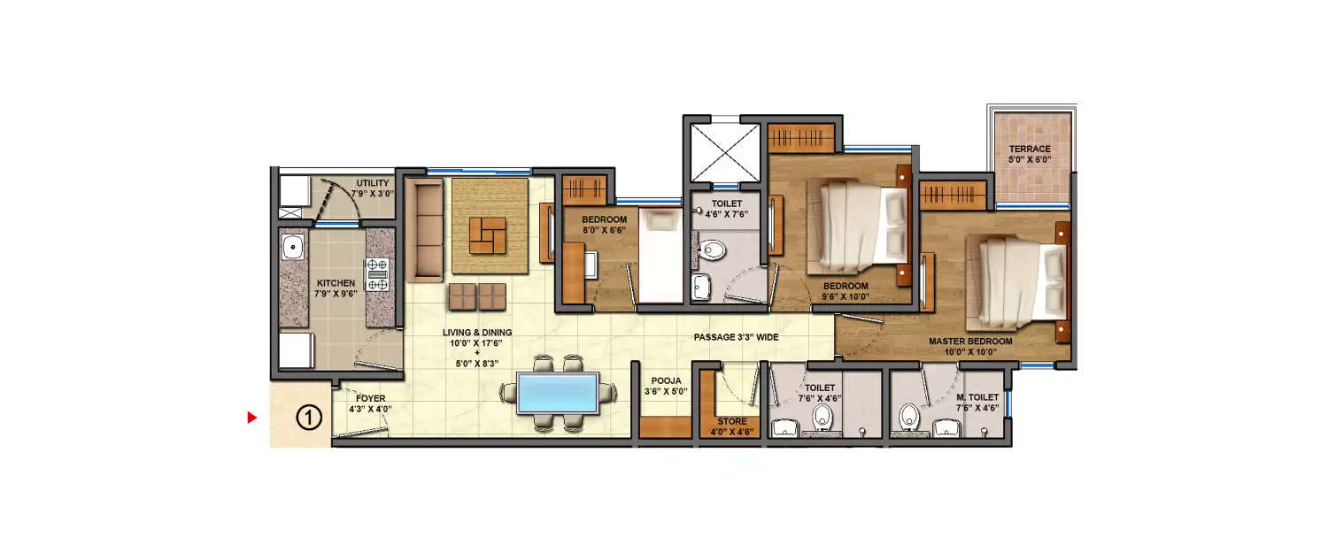 Floor plan for 3 BHK