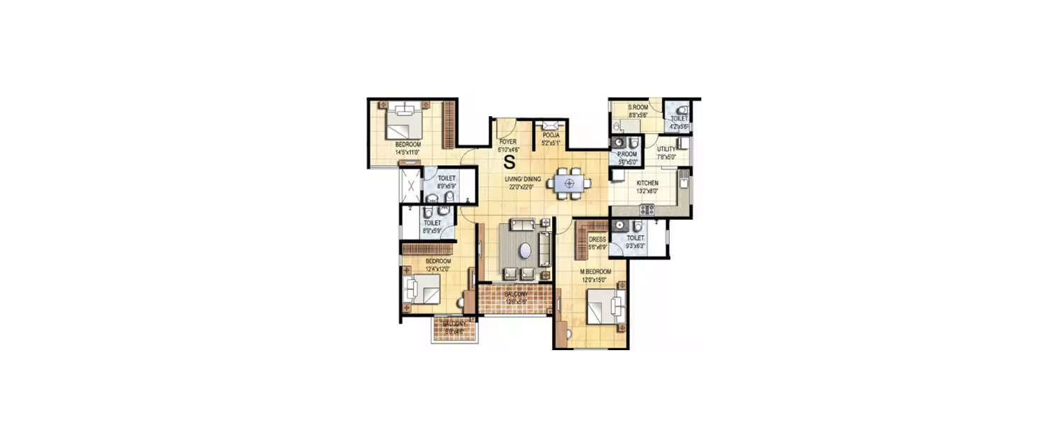 Floor plan for 3 BHK