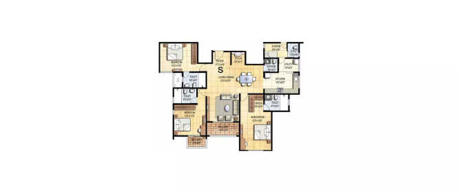 Prestige Falcon City Kanakapura - Floor plan 3 BHK 1494 Sq.ft