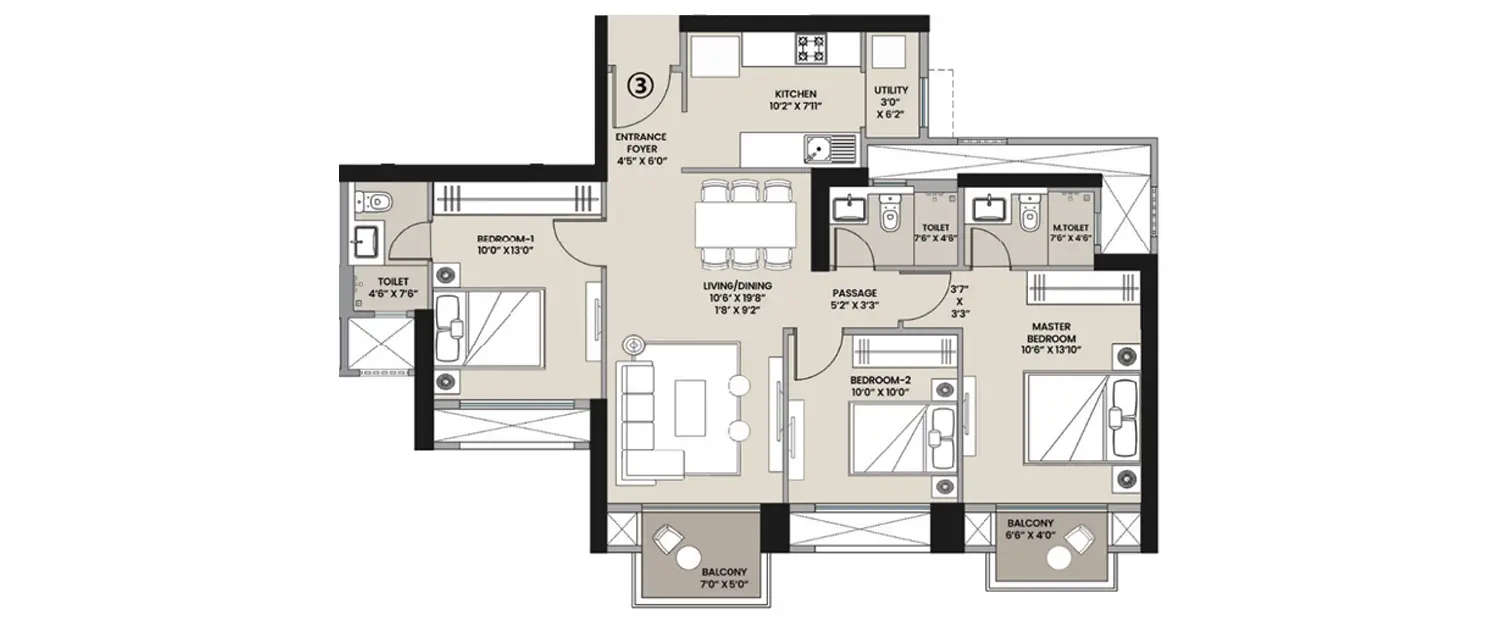 Floor plan for 3 BHK