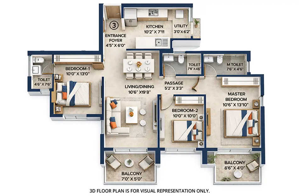 Hiranandani Fortune City Panvel - Floor plan 3 BHK 974 Sq.ft