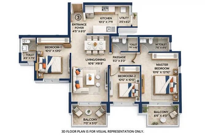 Hiranandani Fortune City Panvel - Floor plan 3 BHK 974 Sq.ft