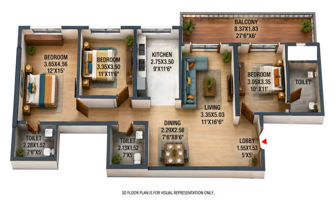 Mont Vert The Wings Balewadi - Floor plan 3 BHK 1164 Sq.ft