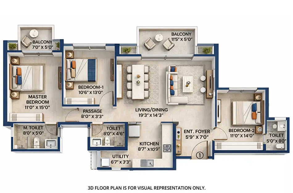 Hiranandani Fortune City Panvel - Floor plan 3 BHK 1183 Sq.ft