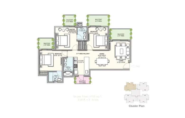 Floor plan for 3 BHK