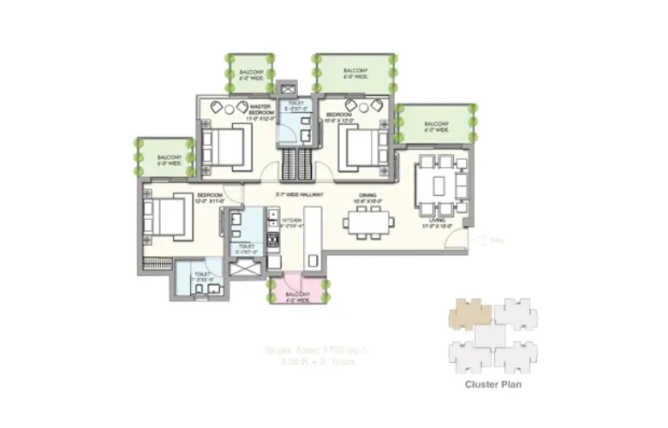 Supertech Hues Sector 68 Gurgaon - Floor plan 3 BHK 1765 Sq.ft