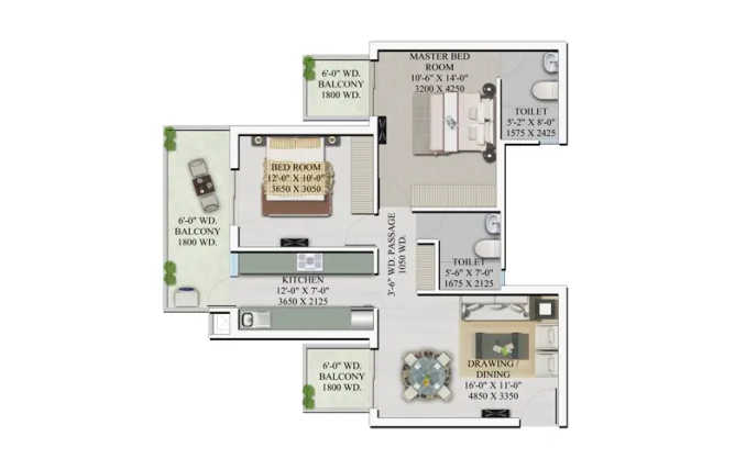 Supertech Hilltown Sector 2 Gurgaon - Floor plan 2 BHK 1440 Sq.ft