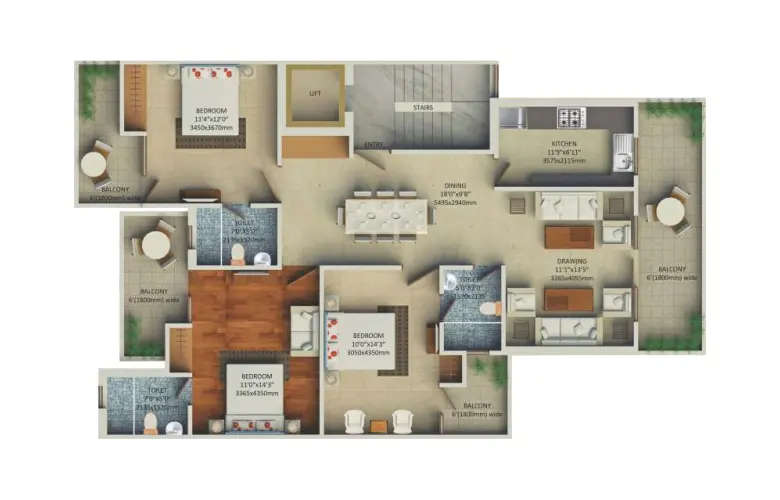 Floor plan for 3 BHK
