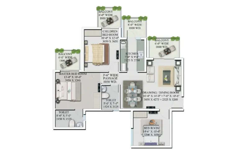 Floor plan for 3 BHK