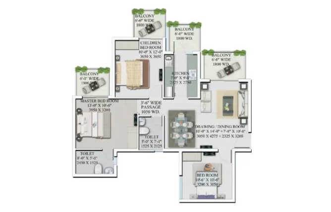 Supertech Officer's Enclave Sector 49 Gurgaon - Floor plan 3 BHK 1375 Sq.ft