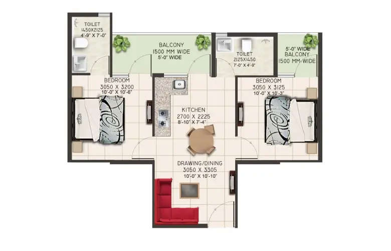 Floor plan for 2 BHK
