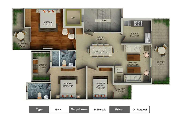 Floor plan for 3 BHK