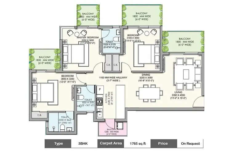 Floor plan for 3 BHK