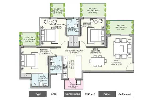 Supertech Jade Tower Sector 68 Gurgaon - Floor plan 3 BHK 1765 Sq.ft