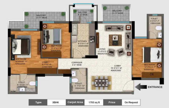 DLF Regal Gardens Sector 90 Gurgaon - Floor plan 3 BHK 1703 Sq.ft