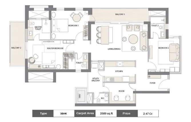 Emaar Digi Homes Sector 62 Gurgaon - Floor plan 3 BHK 2589 Sq.ft
