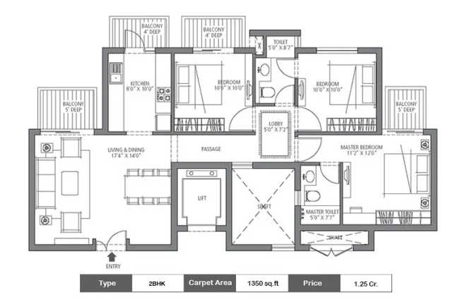 Emaar Emerald Estate Sector 65 Gurgaon - Floor plan 3 BHK 1350 Sq.ft