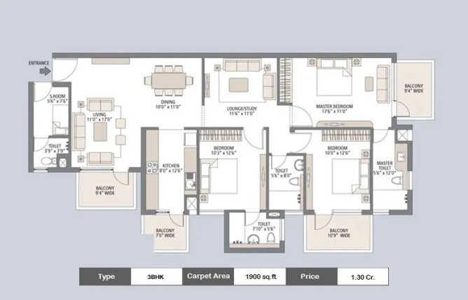 Emaar Palm Gardens Sector 83 - Floor plan 3 BHK 1900 Sq.ft
