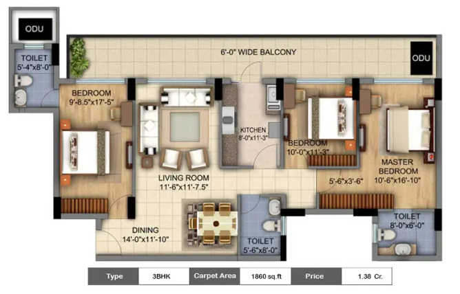 DLF The Skycourt Sector 86 Gurgaon - Floor plan 3 BHK 1860 Sq.ft