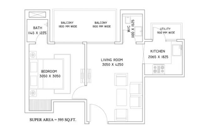 Supertech Azalia Sector 68 Gurgaon - Floor plan 1 BHK 595 Sq.ft