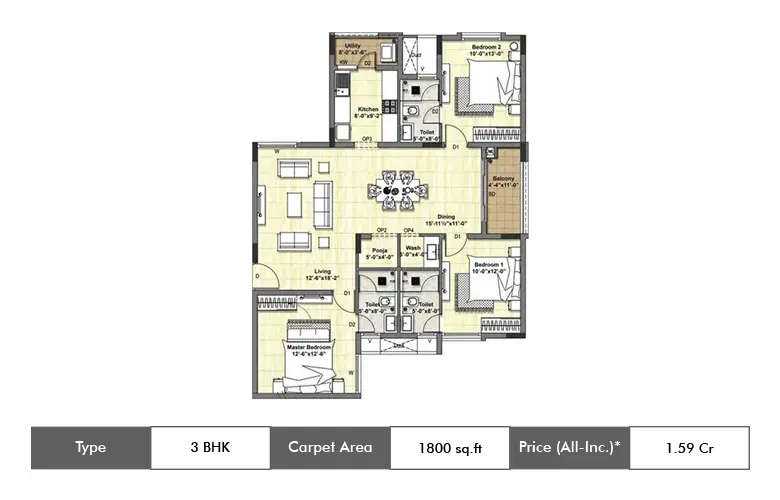 Floor plan for 3 BHK