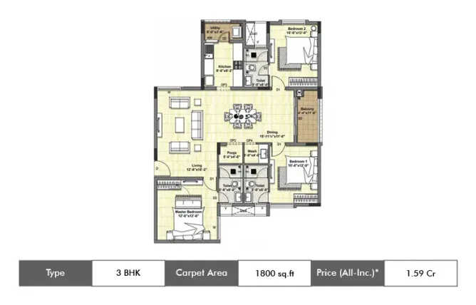 DRA Tuxedo Elite Velachery - Floor plan 3 BHK 1800 Sq.ft