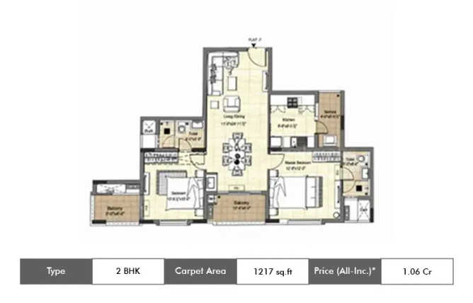 DRA Tuxedo Velachery - Floor plan 2 BHK 1217 Sq.ft