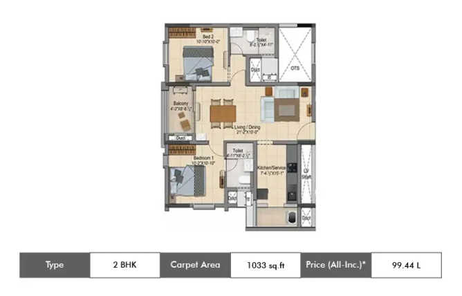 DRA Ascot Adambakkam - Floor plan 2 BHK 1033 Sq.ft