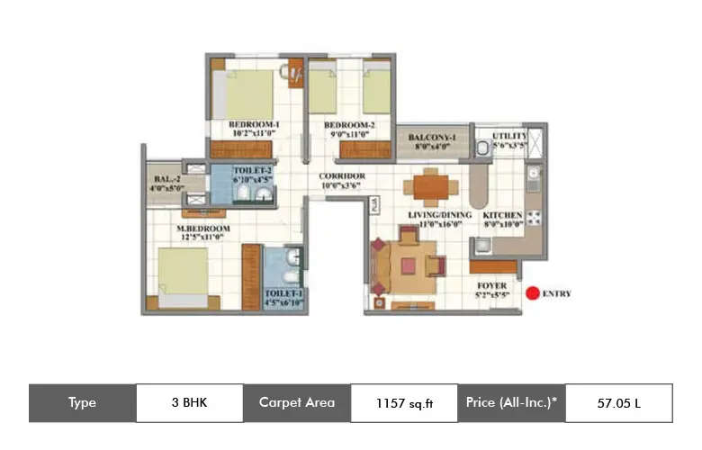 Floor plan for 3 BHK