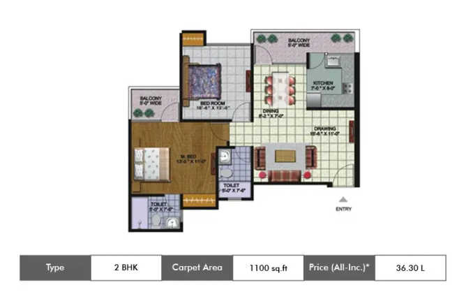 Amrapali Golf Homes Sector 4 Greater Noida - Floor plan 2 BHK 1100 Sq.ft
