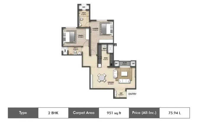 Shriram Treasure Island Jalahalli - Floor plan 2 BHK 951 Sq.ft