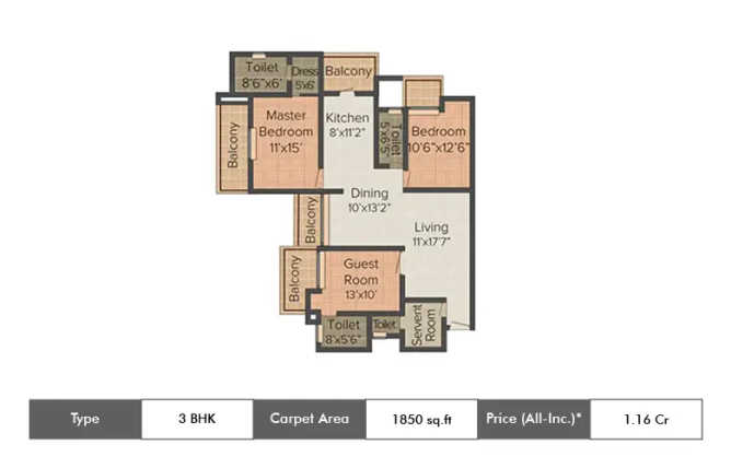 Amrapali Sapphire Sector 45 - Floor plan 3 BHK 1850 Sq.ft