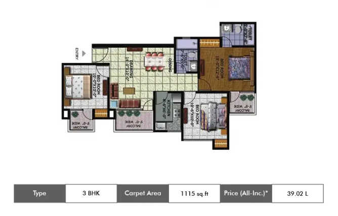 Amrapali Kingswood Sector 4 Greater Noida - Floor plan 3 BHK 1115 Sq.ft