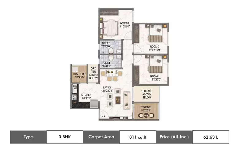 Floor plan for 3 BHK