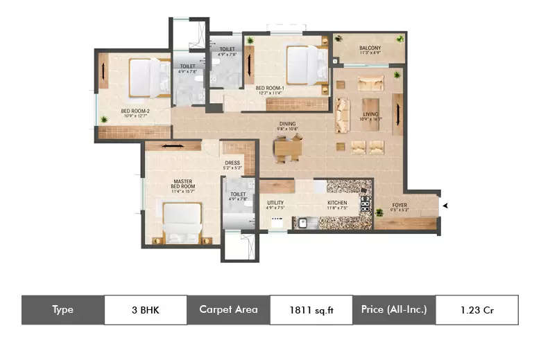Floor plan for 3 BHK