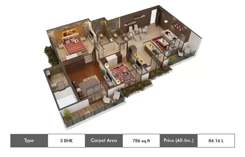 Floor plan for 3 BHK