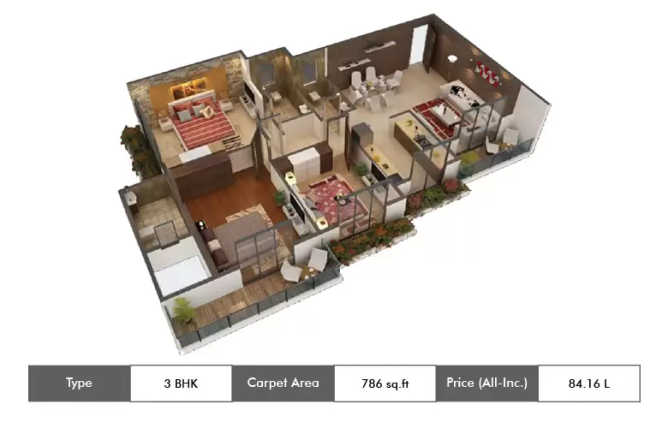 Tharwani Solitaire Kalyan - Floor plan 3 BHK 786 Sq.ft