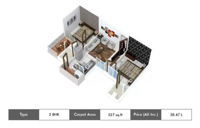 Jhamtani Ace Aastha Charholi - Floor plan 2 BHK 527 Sq.ft