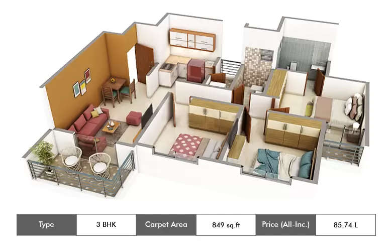 Floor plan for 3 BHK