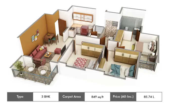 Krisala 41 Estera Punawale - Floor plan 3 BHK 849 Sq.ft