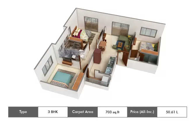 Krisala 41 Evoke Ravet - Floor plan 3 BHK 703 Sq.ft