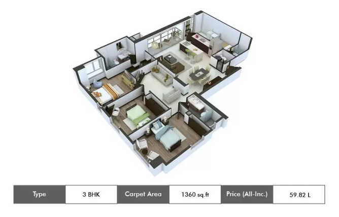 Casagrand Zenith Medavakkam - Floor plan 3 BHK 1360 Sq.ft