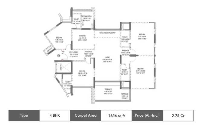 Pride Purple Park Grandeur Baner - Floor plan 4 BHK 1656 Sq.ft