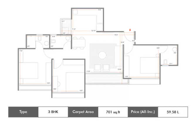 Skyi Star City Kirkatwadi - Floor plan 3 BHK 701 Sq.ft