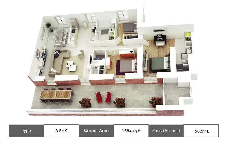 Floor plan for 3 BHK