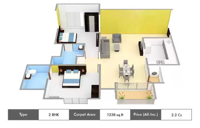 Appaswamy Clover By The River Adyar - Floor plan 2 BHK 1238 Sq.ft